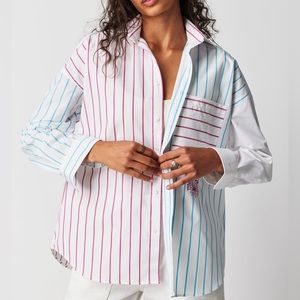 New WNU x Free People M Pink Blue Organic Cotton Poplin Striped Button Down Top